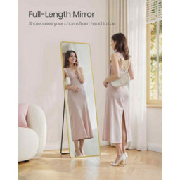 Rectangular Full Length Floor Mirror With Stand, Tempered Glass Body Mirror For Bedroom And Hallway, Pale Gold - thumbnail 3