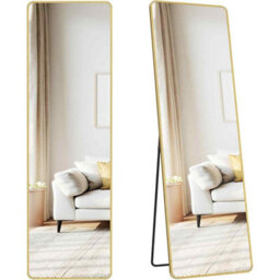 Rectangular Full Length Floor Mirror With Stand, Tempered Glass Body Mirror For Bedroom And Hallway, Pale Gold - thumbnail 7