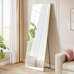 Rectangular Full Length Floor Mirror With Stand, Tempered Glass Body Mirror For Bedroom And Hallway, Pale Gold - thumbnail 1