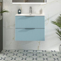 Royal Bathrooms Evora 700mm Powder Blue Fluted Wall Hung Bathroom Vanity Unit 2 Drawer Cabinet With Ceramic Basin