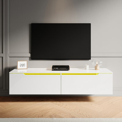 Elegant Floating Tv Unit Cabinet With Led Lights, White Wall-Mounted Tv Stand Shelf, 1400X300X350mm - image 1