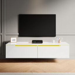 Elegant Floating Tv Unit Cabinet With Led Lights, White Wall-Mounted Tv Stand Shelf, 1400X300X350mm - thumbnail 1