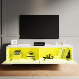Elegant Floating Tv Unit Cabinet With Led Lights, White Wall-Mounted Tv Stand Shelf, 1400X300X350mm - thumbnail 2