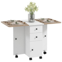 Homcom Folding Dining Table For 4-6 Drop Leaf Table On Wheels Oak And White - thumbnail 2