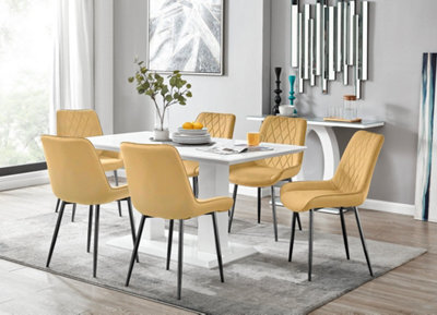 Furniturebox Imperia White High Gloss 6 Seater Dining Table With Structural 2 Plinth Column Legs 6 Mustard Velvet Black Leg Pesaro Chairs - image 1