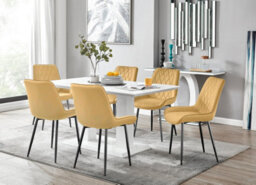 Furniturebox Imperia White High Gloss 6 Seater Dining Table With Structural 2 Plinth Column Legs 6 Mustard Velvet Black Leg Pesaro Chairs - thumbnail 1