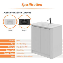 Plum&clay Isla Ribbed Fluted White Freestanding Bathroom Vanity Unit & White Basin Set (W)800mm - thumbnail 5