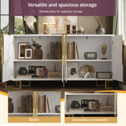 Btm White Sideboard 152 X 40 X 75 Cm With Geometric Design, Gold Handles And Legs, Modern Storage Cabinet - thumbnail 6