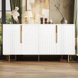 Btm White Sideboard 152 X 40 X 75 Cm With Geometric Design, Gold Handles And Legs, Modern Storage Cabinet - thumbnail 1