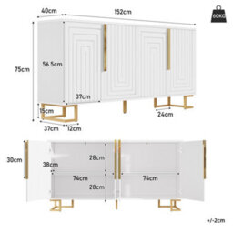 Btm White Sideboard 152 X 40 X 75 Cm With Geometric Design, Gold Handles And Legs, Modern Storage Cabinet - thumbnail 4