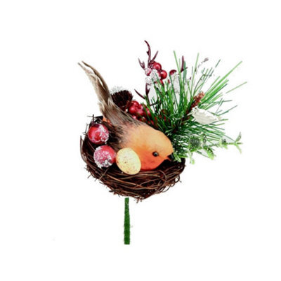 Premier Robin In A Nest Pick Christmas Decoration Brown/orange/green (One Size)