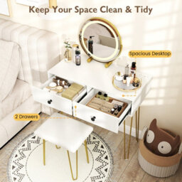 Costway Makeup Dressing Table With Lighted Mirror Vanity Desk Set-White - thumbnail 7