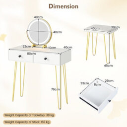Costway Makeup Dressing Table With Lighted Mirror Vanity Desk Set-White - thumbnail 4