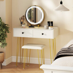 Costway Makeup Dressing Table With Lighted Mirror Vanity Desk Set-White - thumbnail 2
