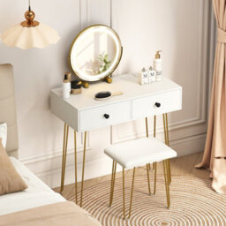 Costway Makeup Dressing Table With Lighted Mirror Vanity Desk Set-White - thumbnail 3