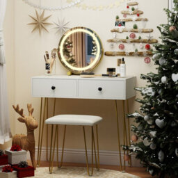 Costway Makeup Dressing Table With Lighted Mirror Vanity Desk Set-White