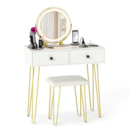 Costway Makeup Dressing Table With Lighted Mirror Vanity Desk Set-White - thumbnail 9