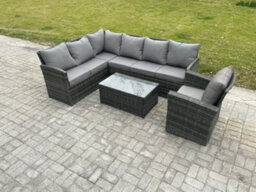 Fimous Rattan Lounge Corner Sofa Set Wicker Pe Outdoor Garden Furniture Set With Rectangular Coffee Table Armchair - thumbnail 2
