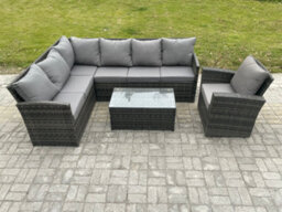 Fimous Rattan Lounge Corner Sofa Set Wicker Pe Outdoor Garden Furniture Set With Rectangular Coffee Table Armchair - thumbnail 1