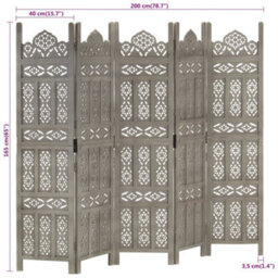Berkfield Classic Hand Carved 5-Panel Room Divider Grey 200X165 Cm Solid Mango Wood - thumbnail 7