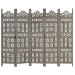 Berkfield Classic Hand Carved 5-Panel Room Divider Grey 200X165 Cm Solid Mango Wood - thumbnail 6