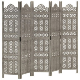 Berkfield Classic Hand Carved 5-Panel Room Divider Grey 200X165 Cm Solid Mango Wood - thumbnail 2