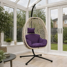 Samuel Alexander Indigo Rattan Hanging Egg Chair With Stand & Cushion For Indoor Use - thumbnail 2