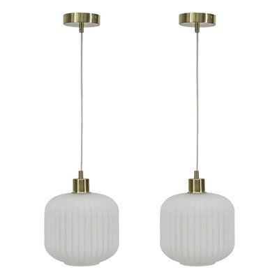 First Choice Lighting Set Of 2 Bento - White Ribbed Glass With Satin Brass Pendant Fittings - image 1