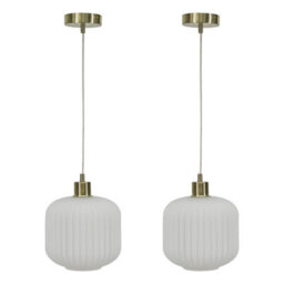 First Choice Lighting Set Of 2 Bento - White Ribbed Glass With Satin Brass Pendant Fittings