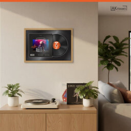 "AK Frames 25X17"" Light Oak Modern Vinyl Record Frame With Black Mount For 12 Inch Lp Cover & Disc - Overlapped Design" - thumbnail 5