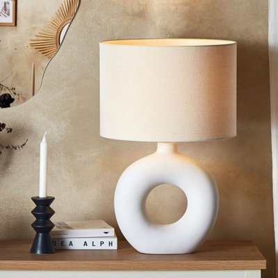 Beliani Table Lamp White Ceramic Base Beige Fabric Shade Bedside Lamp For Living Room And Hallway - image 1