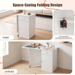 White Extendable Office Desk For Study Dining Room Folding Dining Table With Wheels - thumbnail 4