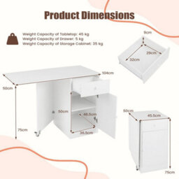 White Extendable Office Desk For Study Dining Room Folding Dining Table With Wheels - thumbnail 2