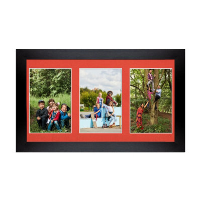 AK Frames 40X20Cm Matte Black Modern Multi Photo Frame With Poppy Red Mount - Holds 3 Apertures (3X) 6X4 Photos - image 1