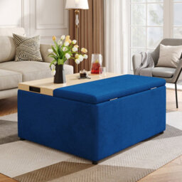 Thehotsale Storage Ottoman Stool Velvet Upholstered Hinged Lid Storage Ottoman Stool In Blue - thumbnail 2