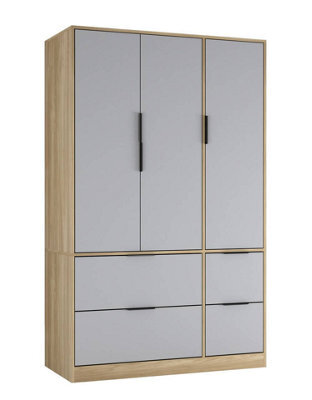 Urbn-Living Urbnliving 3 Door Wardrobe With 4 Drawers Wooden Bedroom Storage Cupboard With Hanging Rail For Clothes - Oak Unit & Grey Doors - image 1