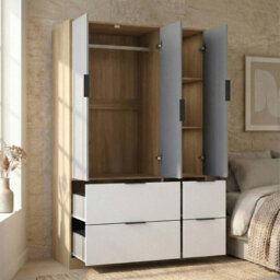 Urbn-Living Urbnliving 3 Door Wardrobe With 4 Drawers Wooden Bedroom Storage Cupboard With Hanging Rail For Clothes - Oak Unit & Grey Doors - thumbnail 5