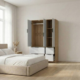Urbn-Living Urbnliving 3 Door Wardrobe With 4 Drawers Wooden Bedroom Storage Cupboard With Hanging Rail For Clothes - Oak Unit & Grey Doors - thumbnail 3