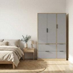 Urbn-Living Urbnliving 3 Door Wardrobe With 4 Drawers Wooden Bedroom Storage Cupboard With Hanging Rail For Clothes - Oak Unit & Grey Doors - thumbnail 2