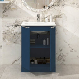 Royal Bathrooms Evora 600mm Midnight Blue Fluted Floor Standing Bathroom Vanity Unit 2 Door Cabinet Storage With Stone Basin Sink - 1 Tap Hole - thumbnail 3