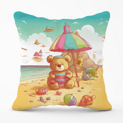 Warren Reed Designer Lucky Teddy Bear On A Beach Holiday Cushions 60Cm X 60Cm - image 1