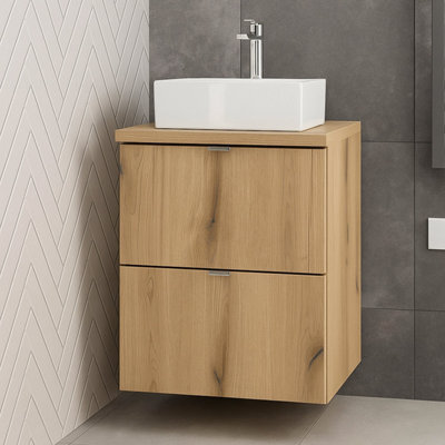 Heze Furniture Dove 2 Drawer Bathroom Cabinet Vanity Unit With Rectangular Worktop Basin 50Cm In Evoke Oak - image 1