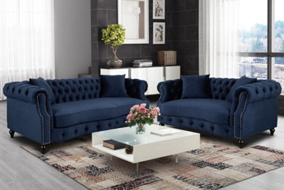 Navy Blue Velvet  3 + 2 Seater Chesterfield Sofa Set For Living Room Richmond - image 1