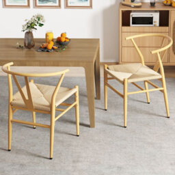 Costway Wishbone Dining Chair Set Of 2 Modern Weave Armchairs-Natural - thumbnail 4