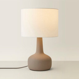 Valuelights Hayley Natural Linen Drum Shade Grey Squat Base Ceramic Stoneware Table Lamp