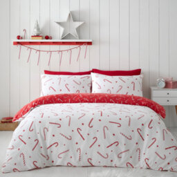 Catherine Lansfield Bedding Christmas Candy Cane Reversible Duvet Cover Set With Pillowcase Red/ White - thumbnail 1