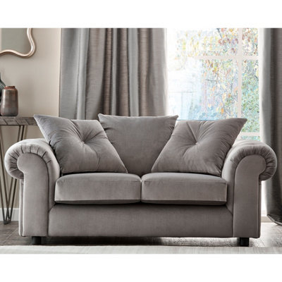 Furnishings For Less UK Derby Fabric Grey 2 Seater Sofa Scatter Back, Scroll Arms - image 1