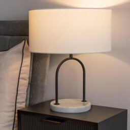 Valuelights Rachel Black Arch Marble Base Table Lamp With White Linen Lamp Shade And Bulb