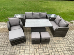 Fimous Rattan Outdoor Furniture Garden Dining Set Patio Height Adjustable Rising Lifting Table Chair Sofa With 2 Side Tables - thumbnail 2