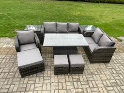 Fimous Rattan Outdoor Furniture Garden Dining Set Patio Height Adjustable Rising Lifting Table Chair Sofa With 2 Side Tables - thumbnail 1